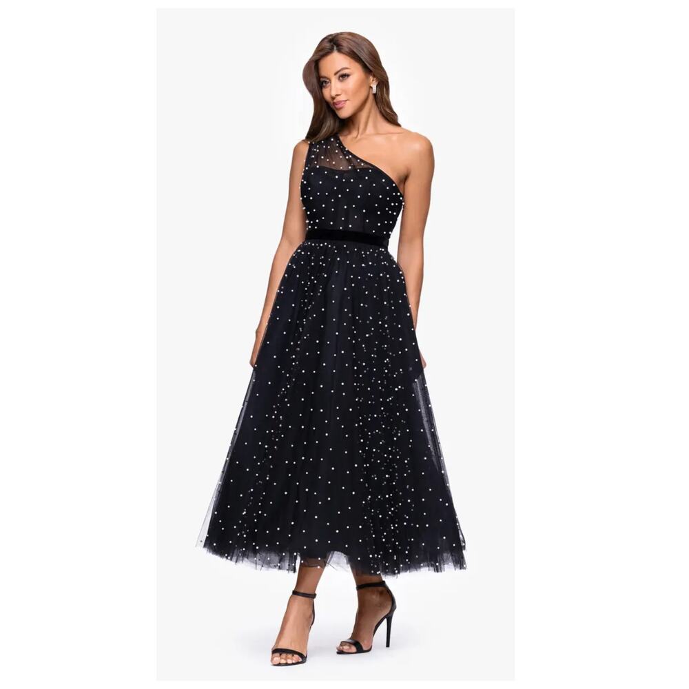 NEW Betsy & Adam Faux Pearl One-Shoulder Tulle Cocktail Dress Size 2